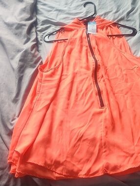 Bright Coral Zip-Front Sleeveless Blouse
